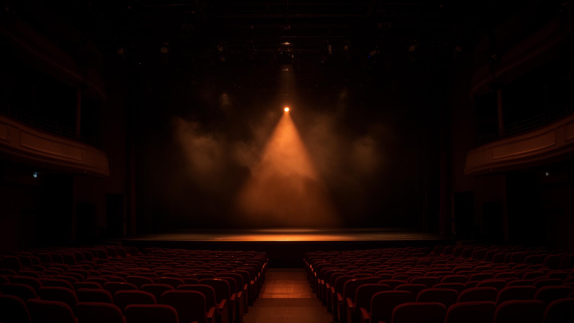 Empty theater stage with a single spotlight cutting through haze